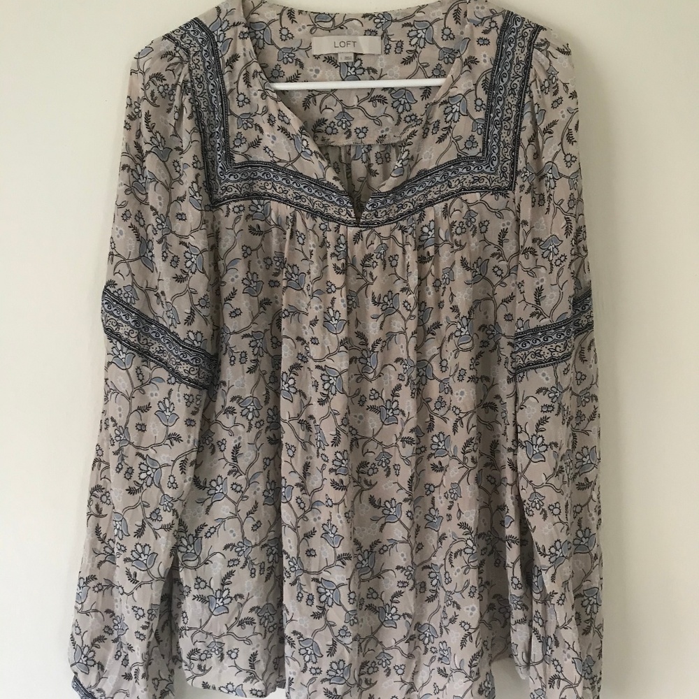 L Loft Floral Tan Blue Blouse Long Sleeve Flowy
